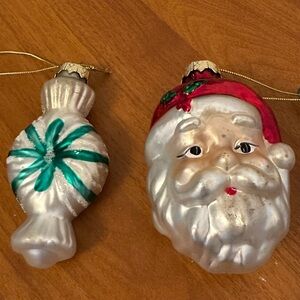 Vintage Santa Head And Wrapped Candy Blown Glass Ornaments